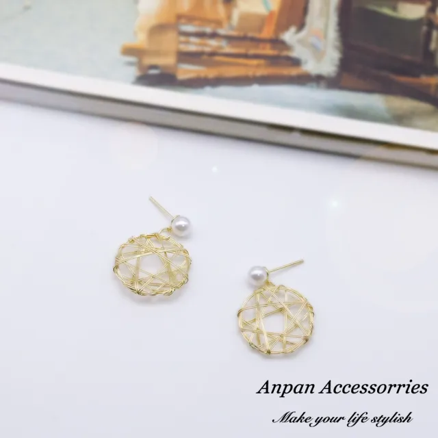 【Anpan】925銀針韓東大門設計師款珍珠金屬纏繞五角星耳環