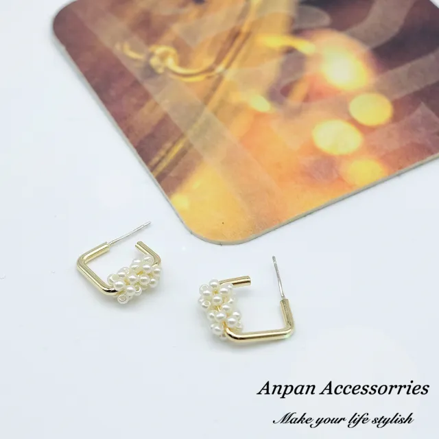 【Anpan】925銀針韓東大門INS金屬幾何方形珍珠耳環
