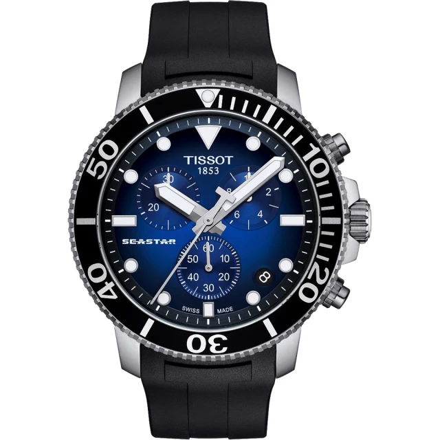 【TISSOT 天梭】水鬼 Seastar 1000 海洋之星300米潛水三眼計時錶-藍x黑/45mm 送行動電源(T1204171704100)