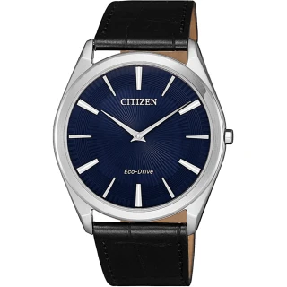 【CITIZEN 星辰】GENTS光動能時尚小牛皮革腕錶-黑藍37mm(AR3070-04L)