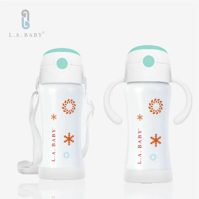 【L.A. Baby】超輕量保溫保冷雙層316不鏽鋼兒童揹帶保溫瓶水壺組(珍珠白)