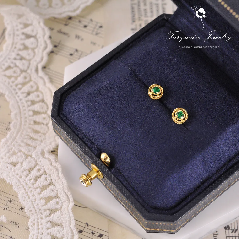 【Turquoise Jewelry】文藝復興vintage裸空綠鋯石S925銀鍍金耳環(tqsu0003)