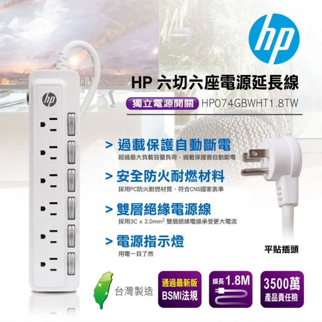 【HP 惠普】六切六座電源延長線(HP074GBWHT1.8TW)