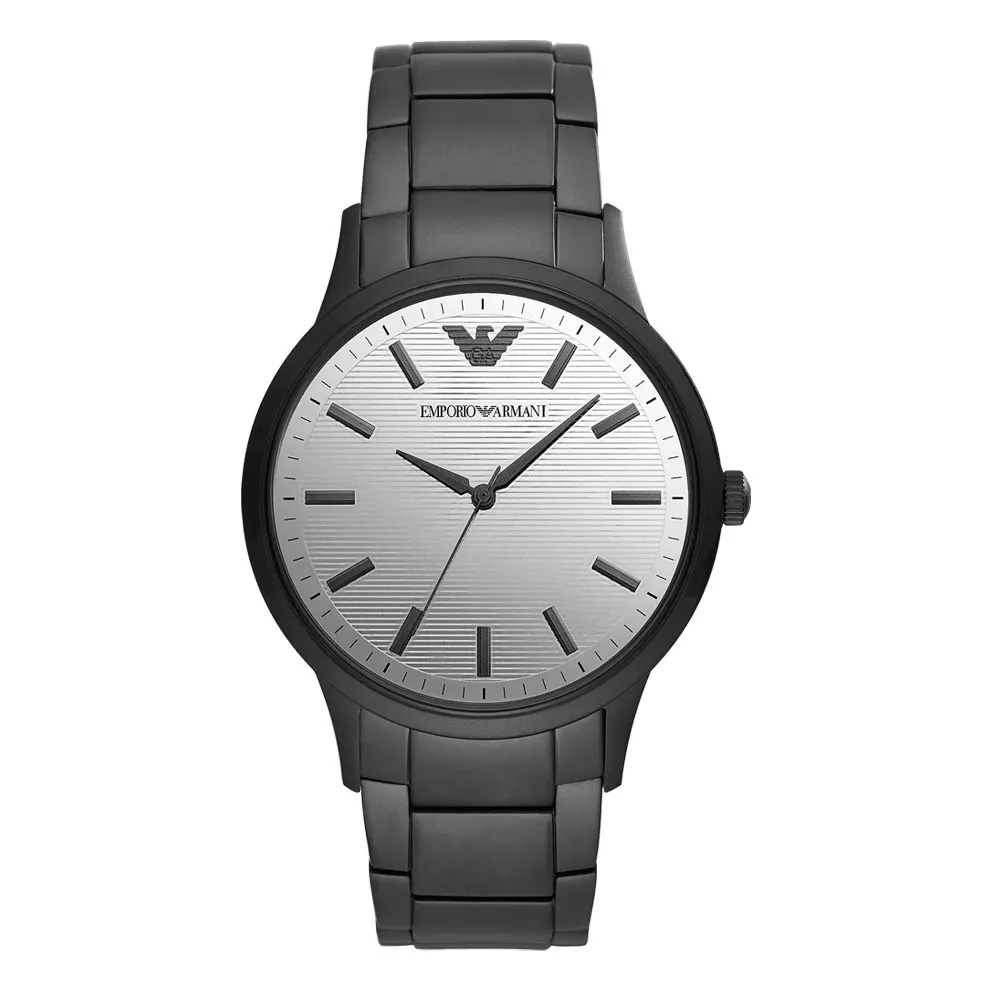 【EMPORIO ARMANI】條紋鏡面時尚腕錶-黑X銀(AR11259)