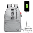 【DF Queenin】休閒街頭風USB多功能防潑水尼龍後背包-共3色