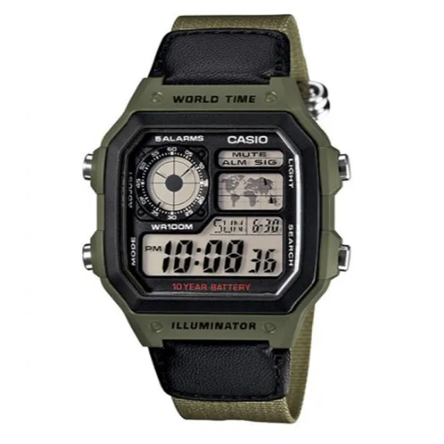 【CASIO 卡西歐】十年之旅數位錶-綠框x綠帆布錶帶(AE-1200WHB-3B)