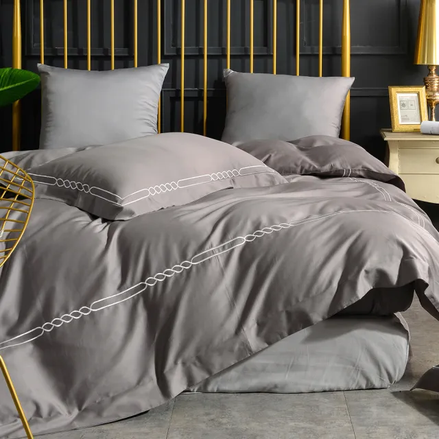 【Betrise】萊茵灰 輕奢系列 加大頂級300織100%精梳長絨棉素色刺繡四件式被套床包組