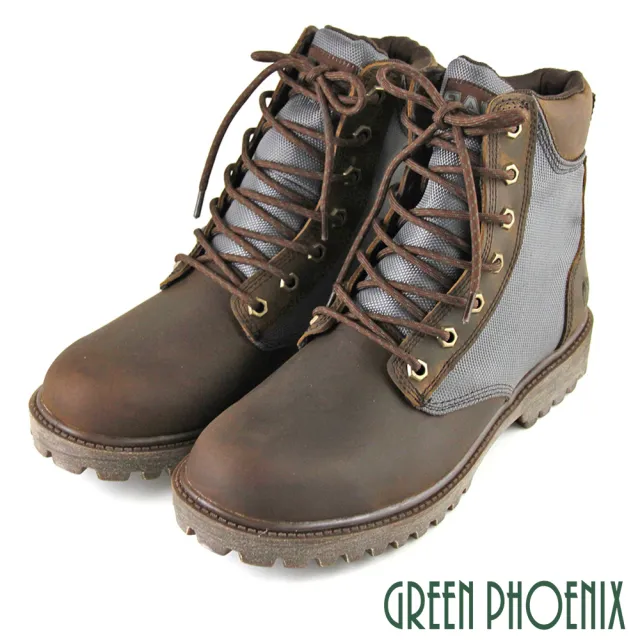 【GREEN PHOENIX 波兒德】▼男款異材質拼接綁帶蠟感牛皮平底戰鬥靴(棕色)