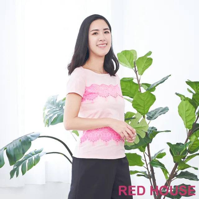 【RED HOUSE 蕾赫斯】蕾絲印花珠珠T恤(粉色)