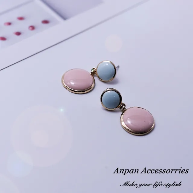 【Anpan】日韓初春撞色百搭圓型耳墜式耳環_藍粉
