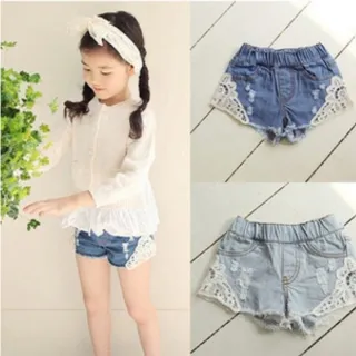 【小衣衫童裝】小中大童甜美白色蕾絲邊破洞牛仔短褲(1080207)