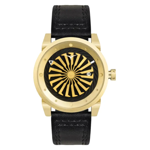【ZINVO】時尚皮革渦輪機械腕錶-黑X金(B12K)