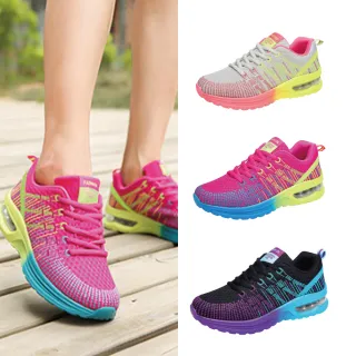 【Alberta】休閒鞋-飛織鞋面 漸層配色 舒適減震氣墊 運動風休閒鞋 布鞋 慢跑鞋(黑色)