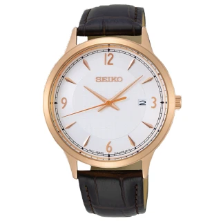 【SEIKO 精工】溫柔紳士皮革石英腕錶-白面玫金框x41mm(SGEH88P1)
