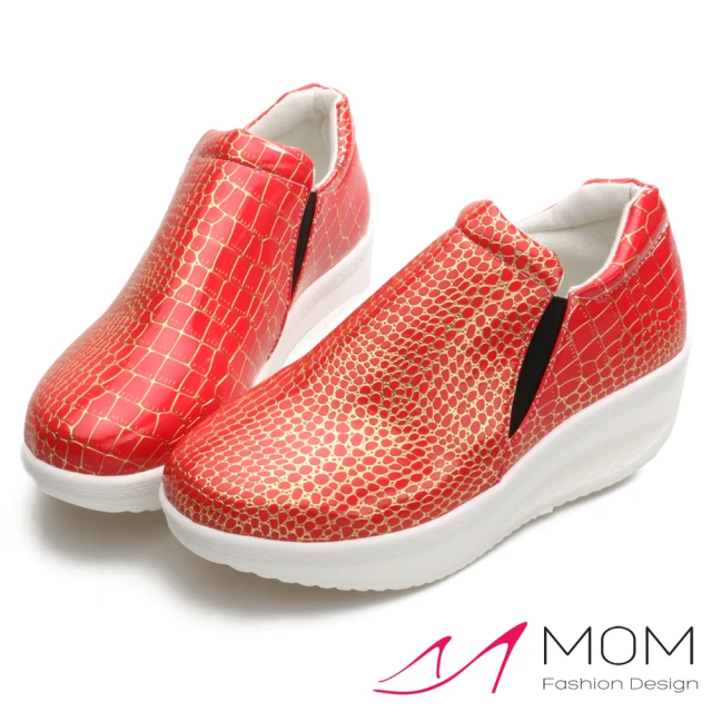 【MOM】時尚經典特殊燙金不規則鱷魚紋皮面休閒搖搖鞋(紅)
