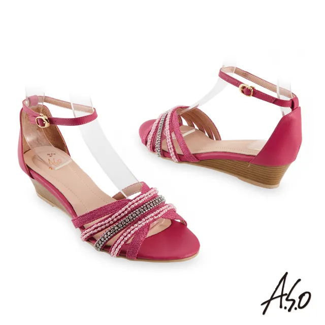 【A.S.O 阿瘦集團】時尚流行 亮眼魅力民族串珠條帶風格楔型跟鞋(桃粉紅)