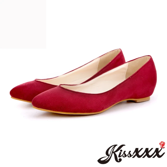 【KissXXX】小心機美腿效果內增高2.5CM淺口尖頭平底休閒鞋(紅)