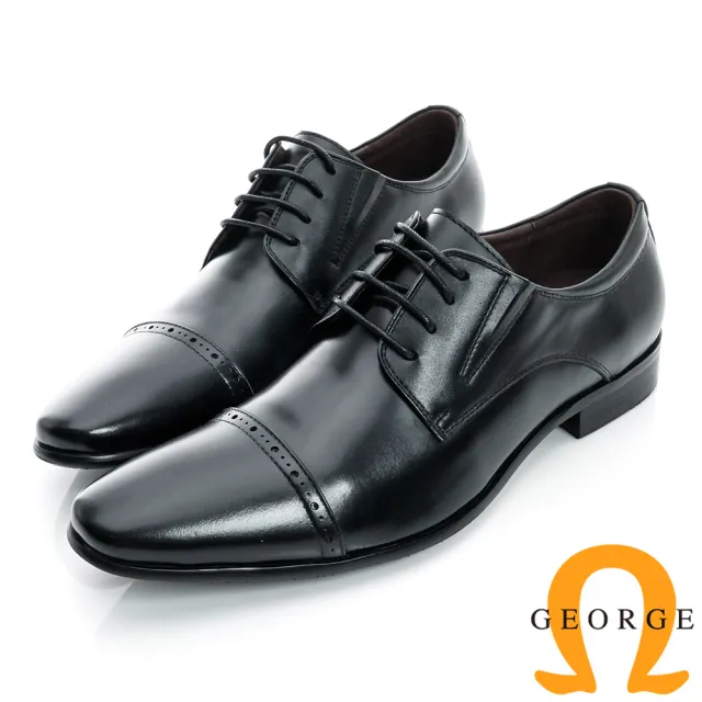 【GEORGE 喬治皮鞋】側V切口橫紋裝飾真皮紳士鞋-黑色615012BW-10