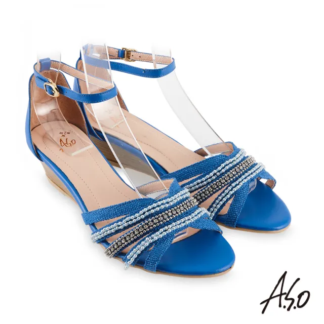 【A.S.O 阿瘦集團】時尚流行 亮眼魅力民族串珠條帶風格楔型跟鞋(藍色)
