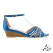 【A.S.O 阿瘦集團】時尚流行 亮眼魅力民族串珠條帶風格楔型跟鞋(藍色)