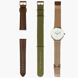 【Nordgreen】哲學家  40mm 玫瑰金殼×白面 米蘭錶帶+綠尼龍錶帶+深棕皮錶帶 組合裝(PH40RGMERONAGLDB)
