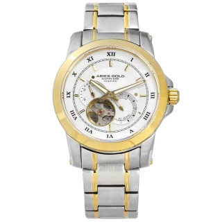 【ARIES GOLD】機械錶 自動上鍊 鏤空機芯 藍寶石水晶玻璃 不鏽鋼手錶 銀白x鍍金 41mm(G90012TG-W)