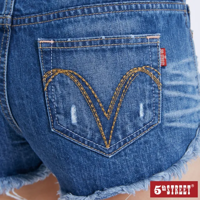 【5th STREET】雙11 女復古抽鬚熱褲-中古藍