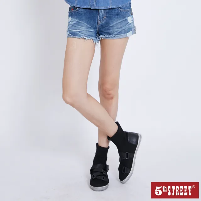 【5th STREET】雙11 女復古抽鬚熱褲-中古藍