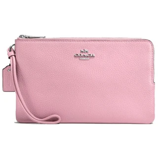 【COACH】粉色皮革大款雙拉鍊手拿包
