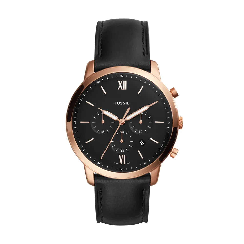 【FOSSIL 官方旗艦館】Neutra 清新時尚搭配款 黑色皮革指針手錶 44MM FS5381