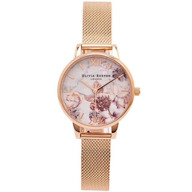【Olivia Burton】花采盎然米蘭錶帶手錶-花朵面X玫瑰金色/30mm(OB16CS06)