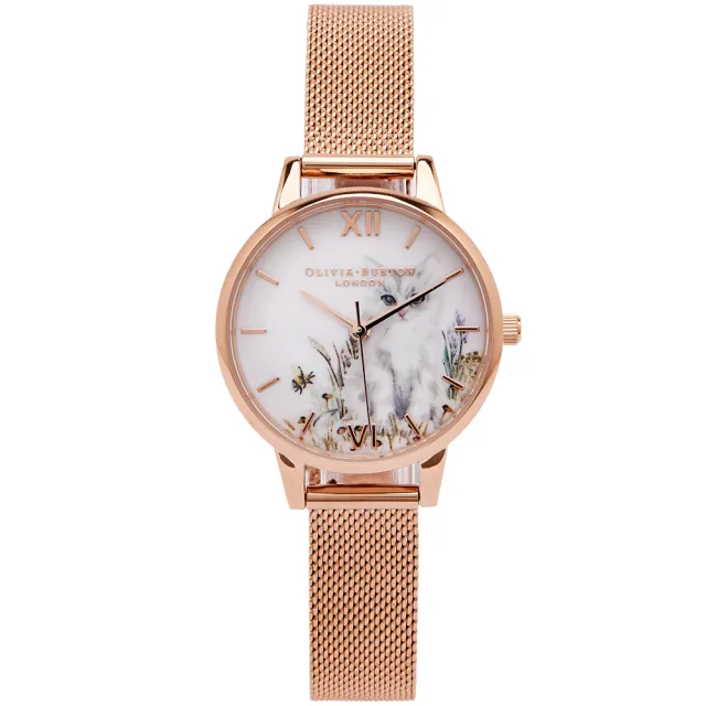 【Olivia Burton】高雅貓咪米蘭帶手錶-白面X玫瑰金/30mm(OB16WL76)
