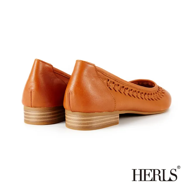 【HERLS】全真皮鏤空編織滾邊尖頭低跟鞋(棕色)