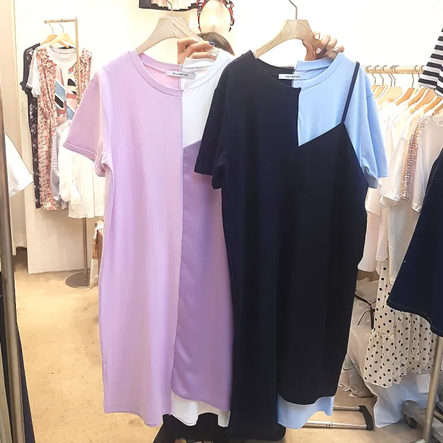 【BBHONEY】韓國空運春裝不規則假兩件式拚色短袖吊帶連身裙(正韓製)