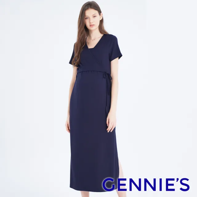 【Gennies 奇妮】修身綁帶長版哺乳洋裝-丈青(哺乳衣 短袖哺乳衣 開衩 綁帶 下拉哺乳)