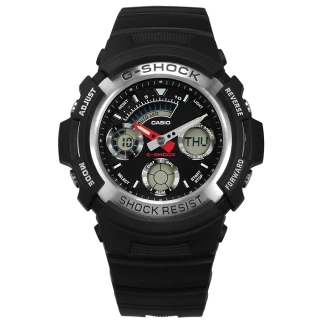 【CASIO 卡西歐】G-SHOCK 雙顯 計時碼錶 防水200米 運動衝浪 橡膠手錶 黑色 46mm(AW-590-1A)