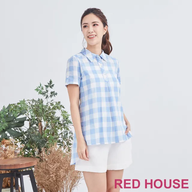 【RED HOUSE 蕾赫斯】格紋長版襯衫(淺藍色)
