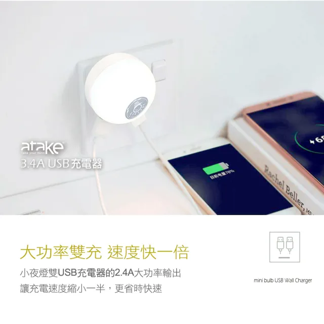 【ATake】3.4A USB充電器(充電器+小夜燈)