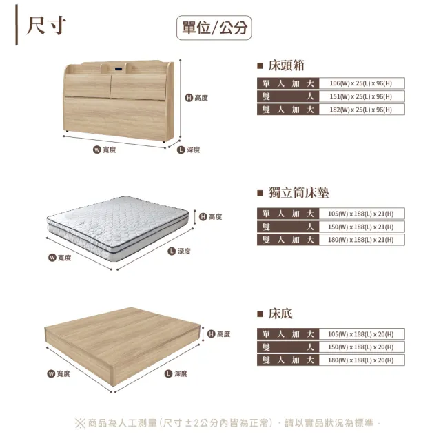 【IHouse】米洛 日系插座收納床頭+床底+獨立筒三件組 單大3.5尺