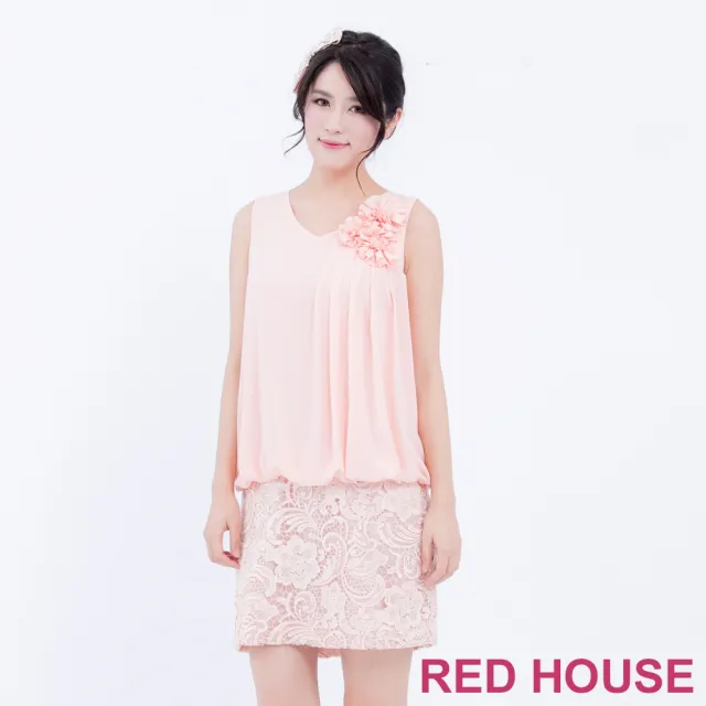 【RED HOUSE 蕾赫斯】花朵蕾絲無袖洋裝(粉橘)