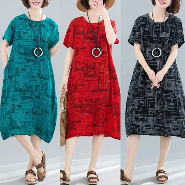 【Keer】現貨-玩美衣櫃時尚文藝風印花寬鬆顯瘦長裙M-2XL(共三色)