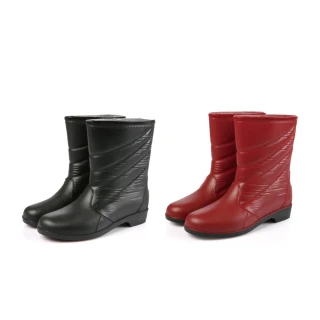 【Alberta】靴子-跟高3CM 純色時尚 中筒雨靴 防滑套腳 仿皮紋PVC防水雨鞋