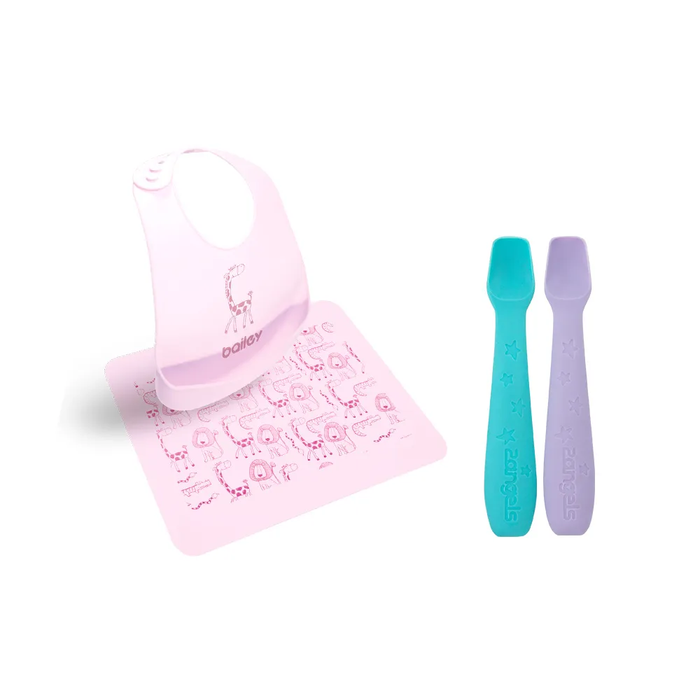 【2angels】矽膠餵食湯匙+BAILEY矽膠圍兜餐墊 粉色(矽膠湯匙 學習湯匙 副食品餐具)
