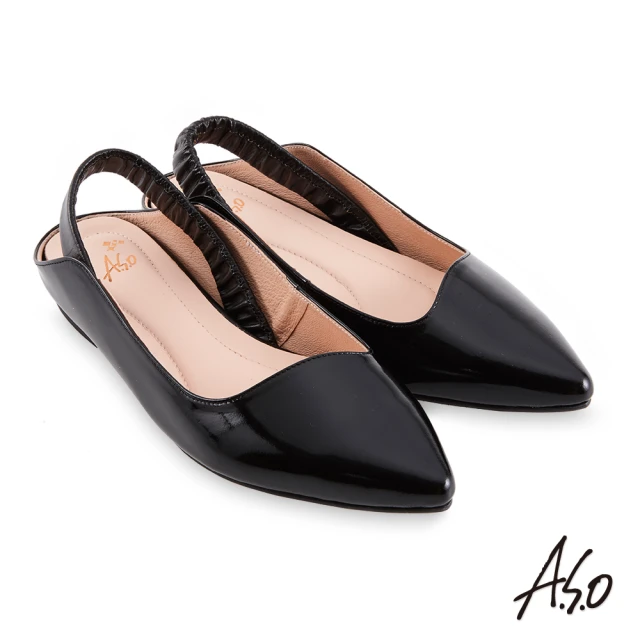 【A.S.O 阿瘦集團】時尚流行 健步美型個性後拉帶低跟穆勒鞋(黑漆皮)
