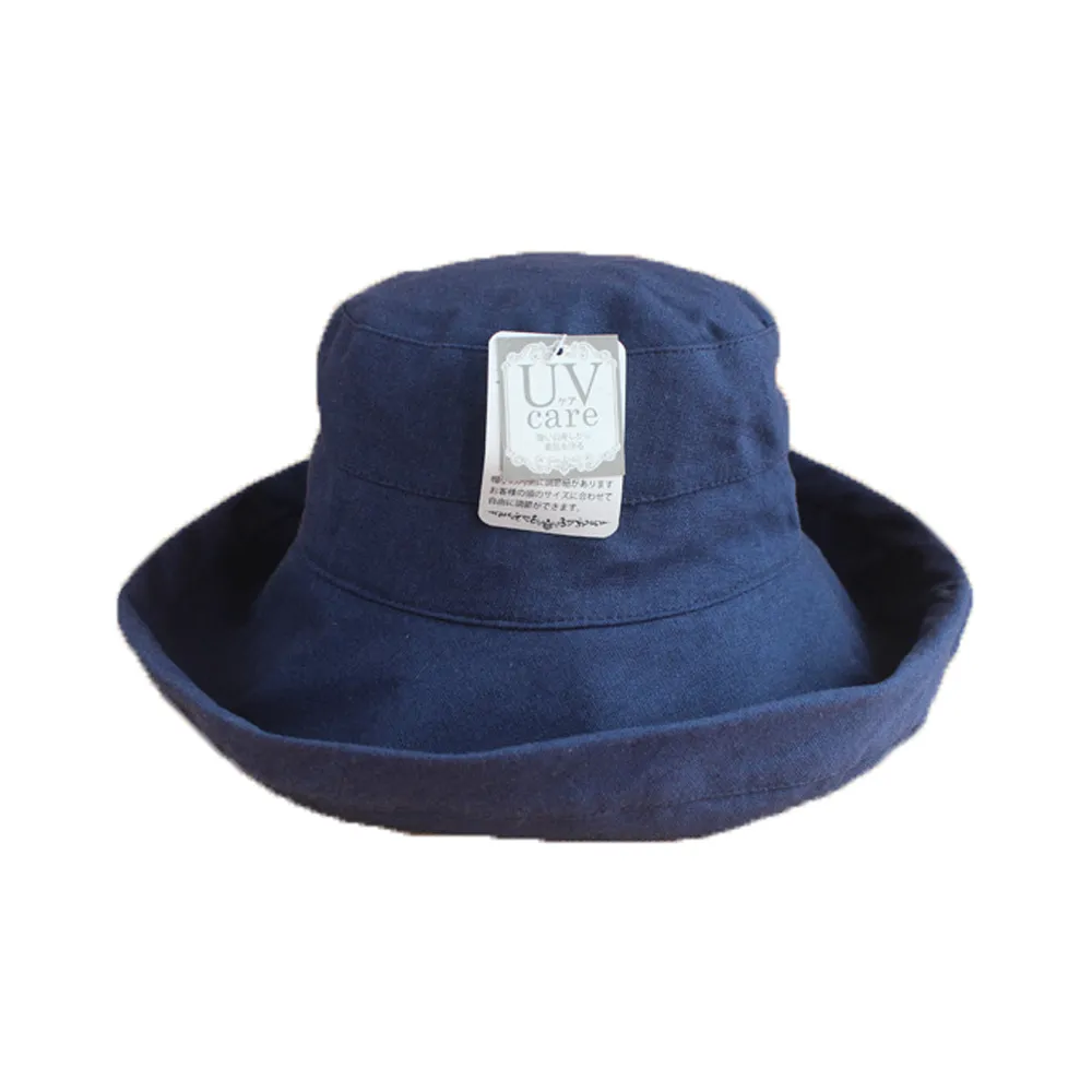 【Cute ii Lady】日本UV CUT防紫外線棉麻捲邊大帽檐漁夫遮陽帽(深藍)