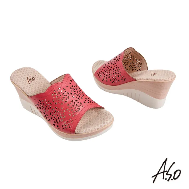 【A.S.O 阿瘦集團】機能休閒 厚底美學沖孔設計楔型涼拖鞋(正紅)