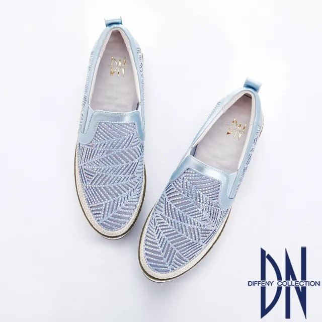 【DN】炫目焦點 真皮線條水鑽拼接草編厚底鞋(藍)