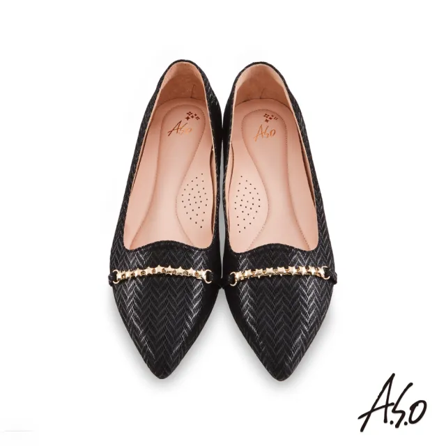 【A.S.O 阿瘦集團】時尚流行 健步通勤箭紋羊絨皮低跟鞋(黑色)