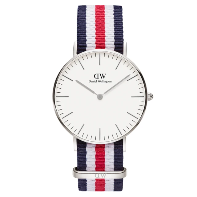 Daniel Wellington 經典藍白紅帆布時尚女錶-銀框/36mm(0606DW)