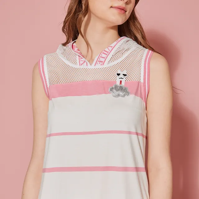 【ICHE 衣哲】輕時尚連帽拼接針織條紋印花洋裝-櫻花粉